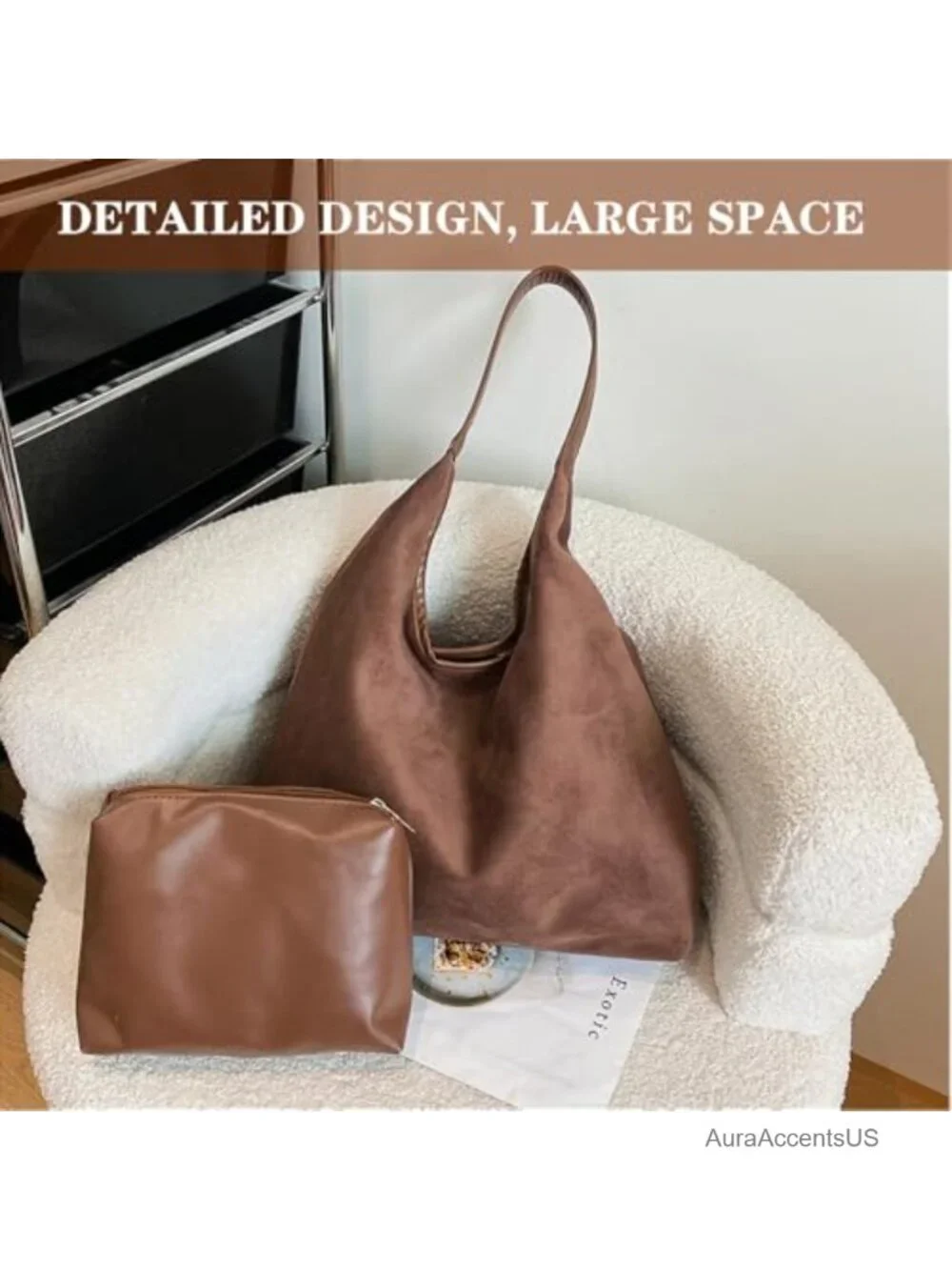 Faux Suede Women's Hobo Shoulder Bag - Slouchy Tote, Magnetic Closure